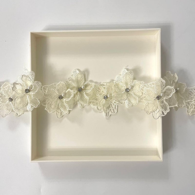 Buysk 2 Yards 3D Pearl Beads Flower Lace Trim Ribbon Floral Applique Embroidered Lace Fabric for Sewing DIY Crafts (Yellow) - Image 3